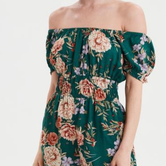 American eagle small green floral spring short sleeve elastic waist romper - Picture 2 of 10